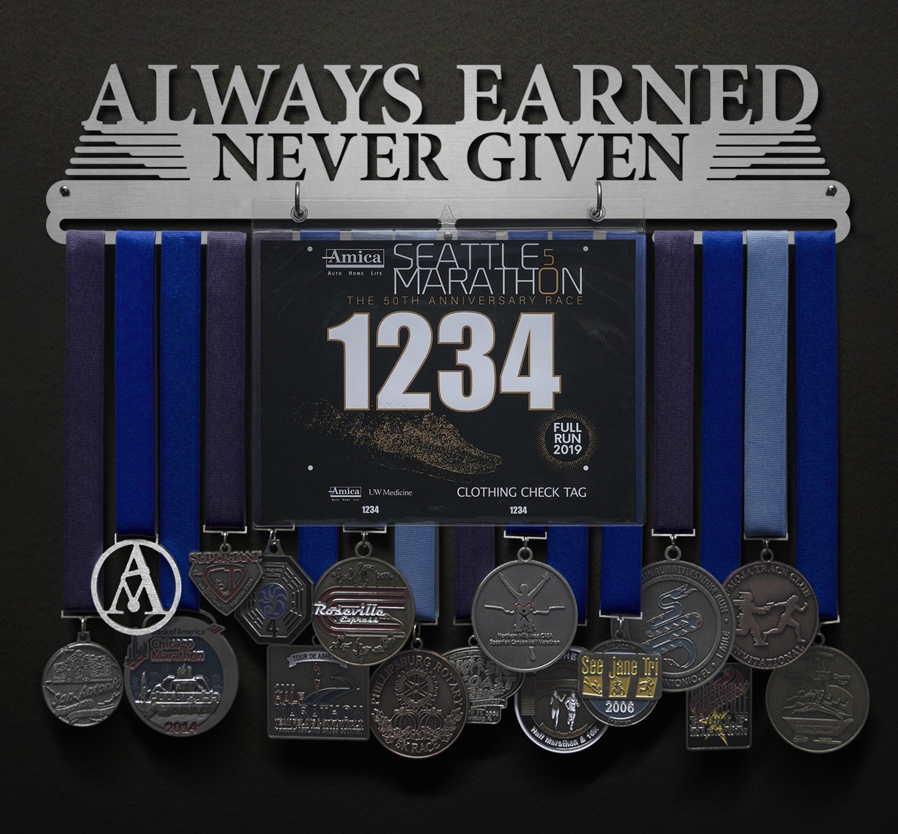 Always Earned Never Given Compact Bib and Medal Display