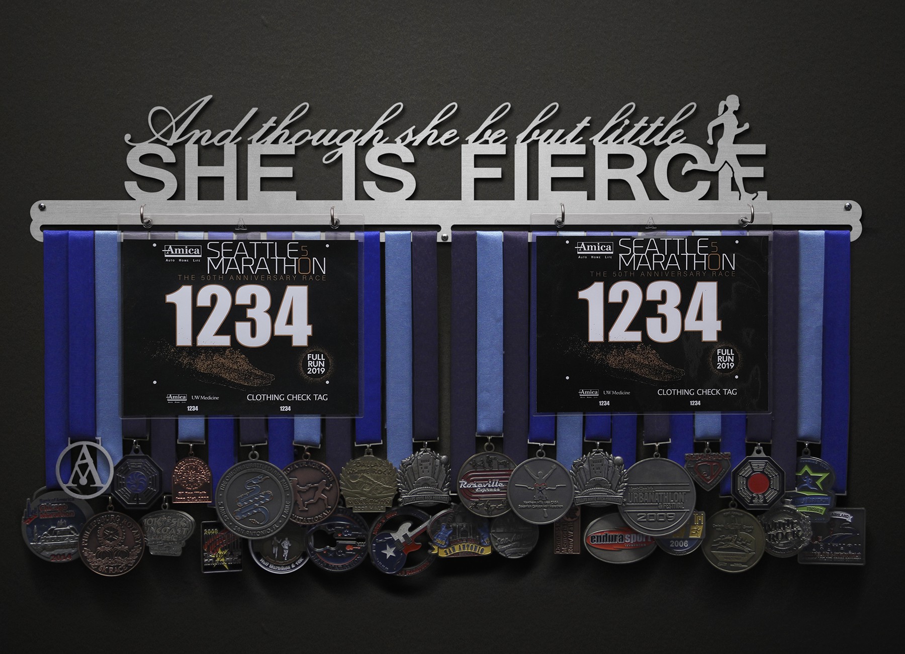 And Though She Be But Little, She Is Fierce Bib and Medal Display - with runner figure