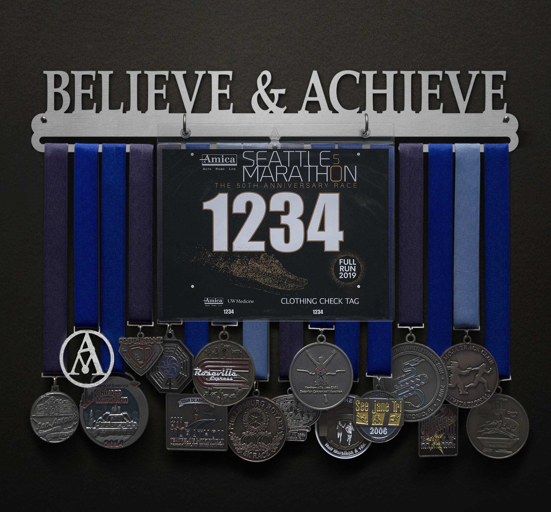 Believe and Achieve Bib and Medal Display