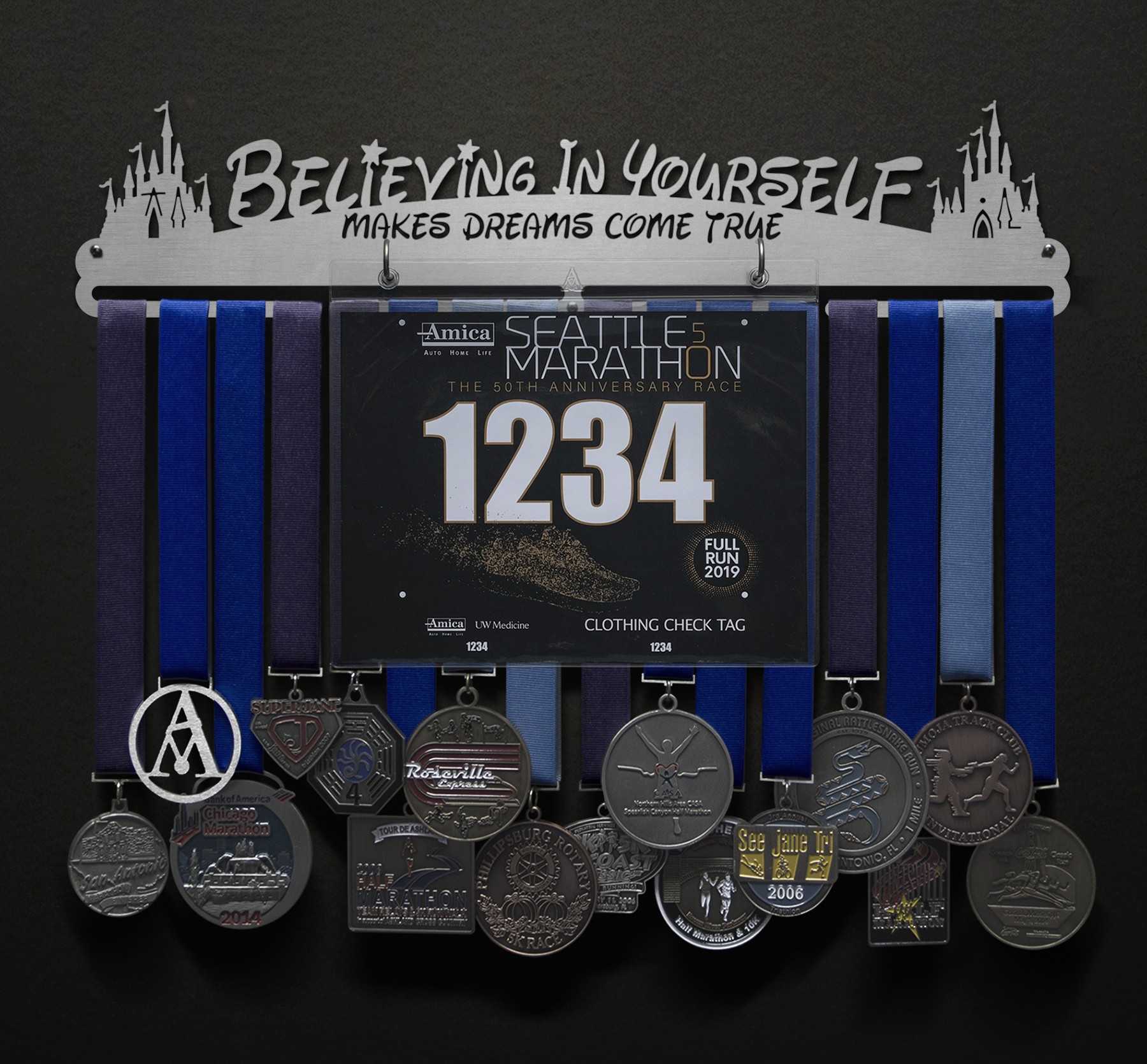 Believing In Yourself Makes Dreams Come True Bib and Medal Display