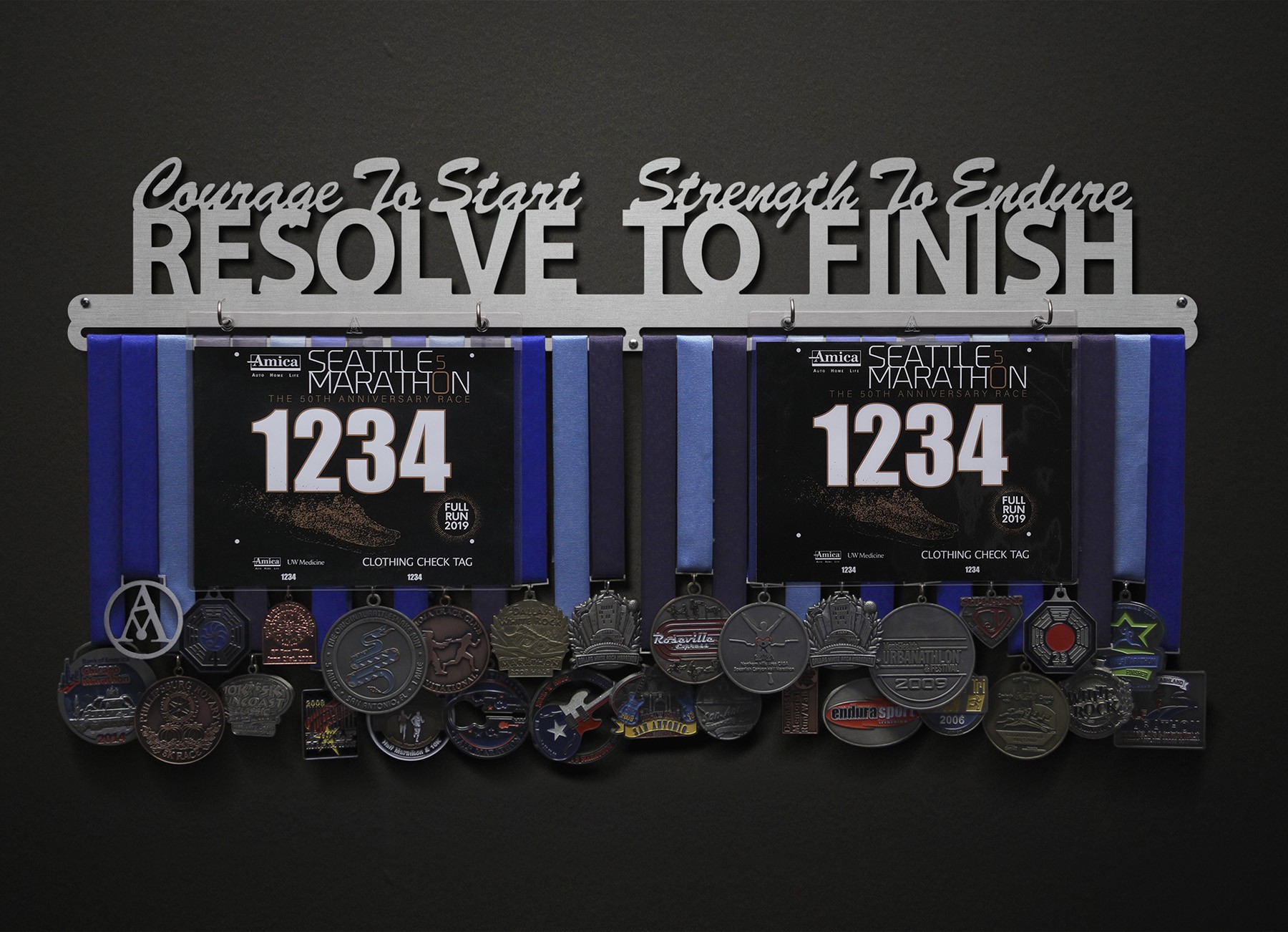 Courage To Start, Strength To Endure, Resolve To Finish Bib and Medal Display