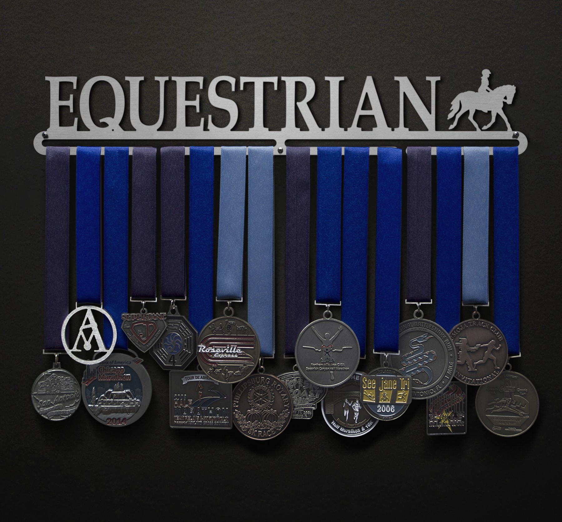 Includes Fixings Many Colour Choices Personalised Horse Riding Medal Hanger 