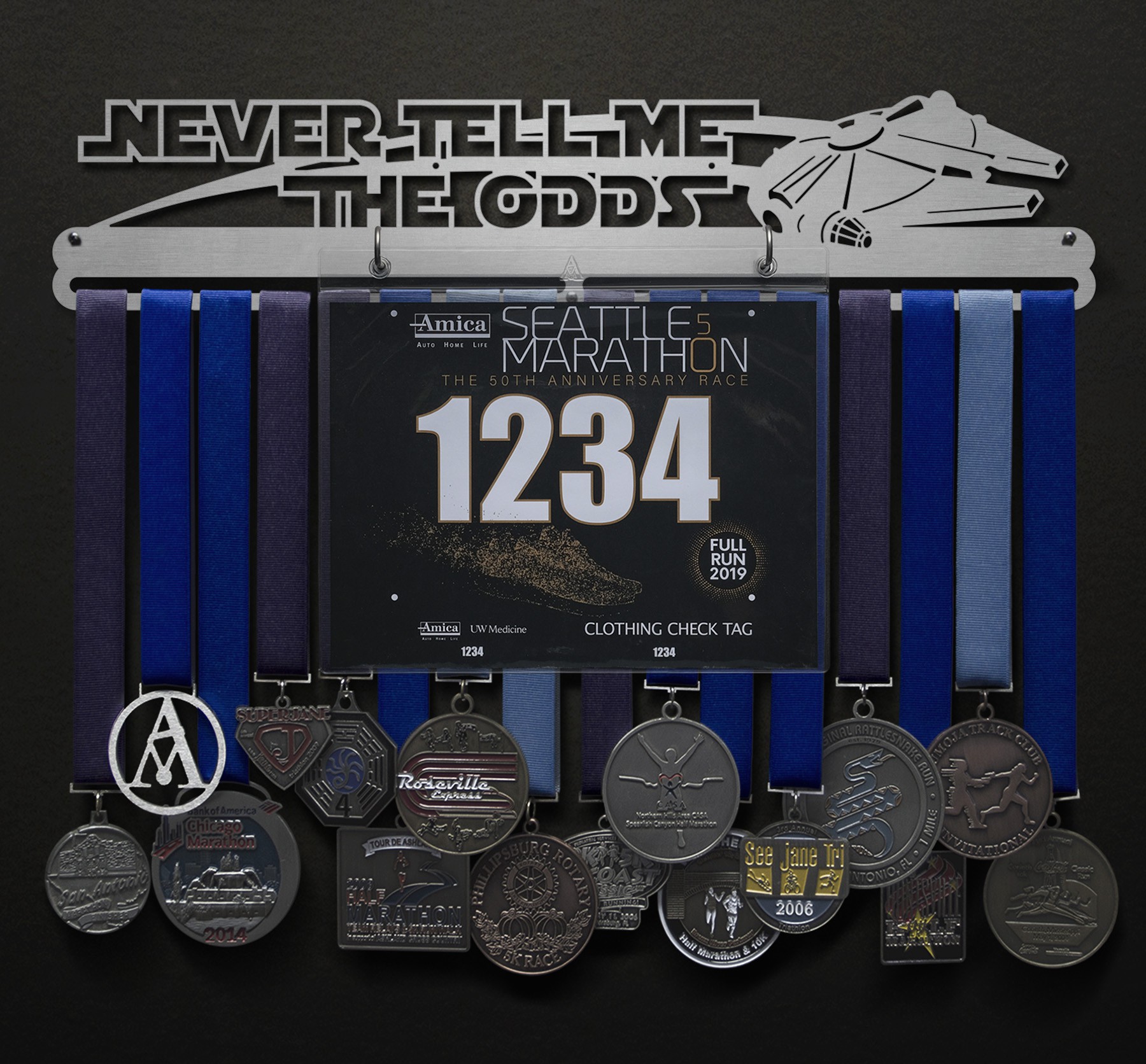 Never Tell Me The Odds Bib and Medal Display