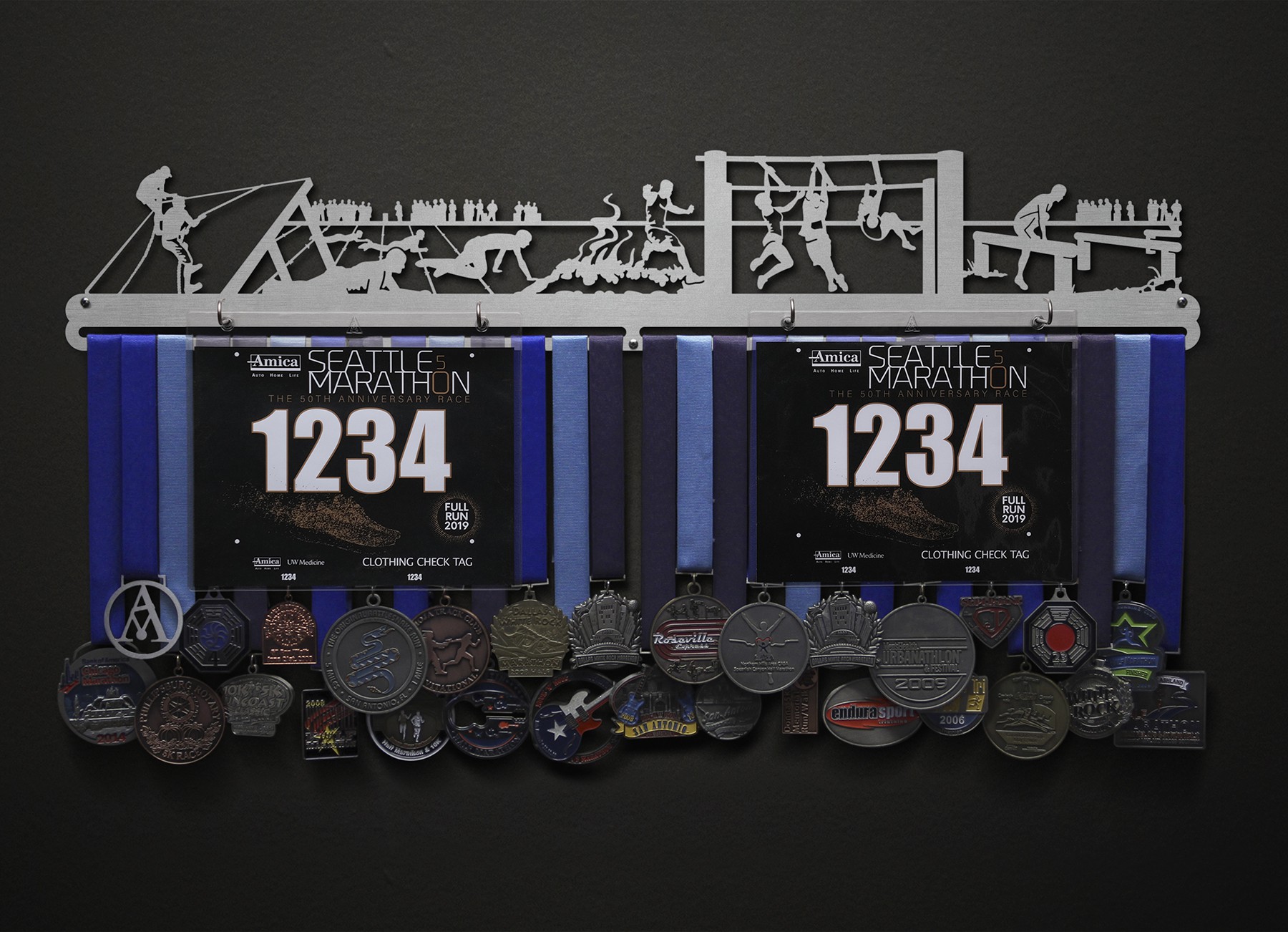 Obstacle Course Bib and Medal Display