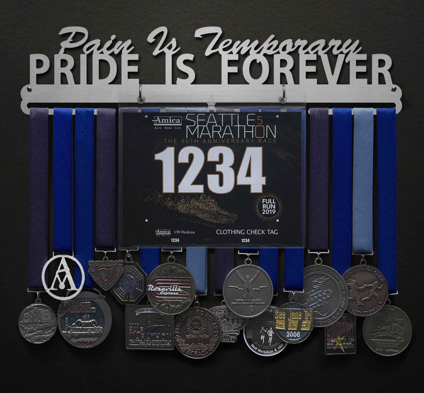 Pain Is Temporary, Pride Is Forever Bib and Medal Display
