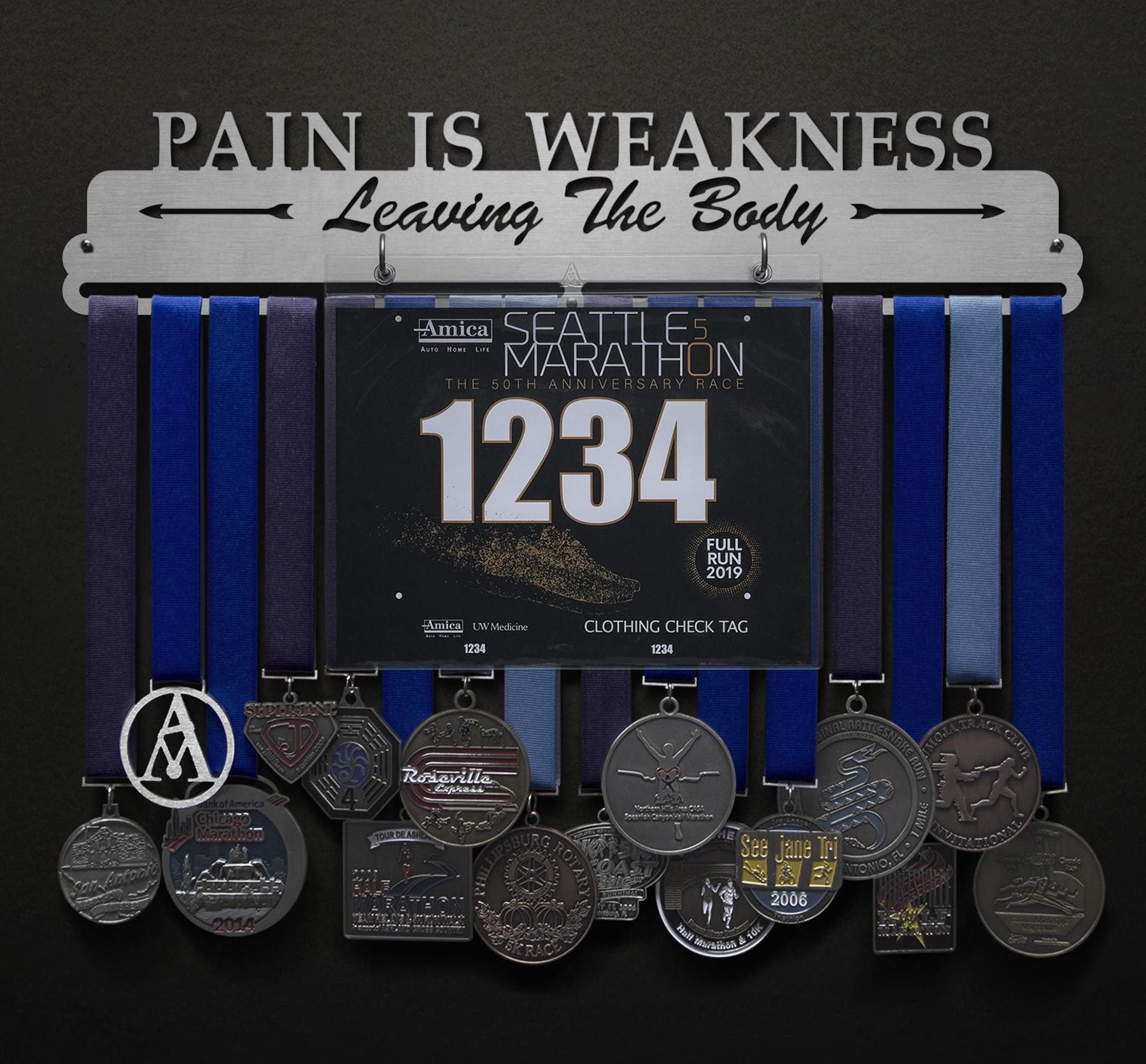 Pain Is Weakness Leaving The Body Bib and Medal Display