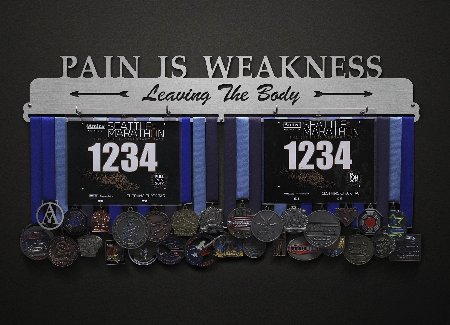 Pain Is Weakness Leaving The Body Bib and Medal Display