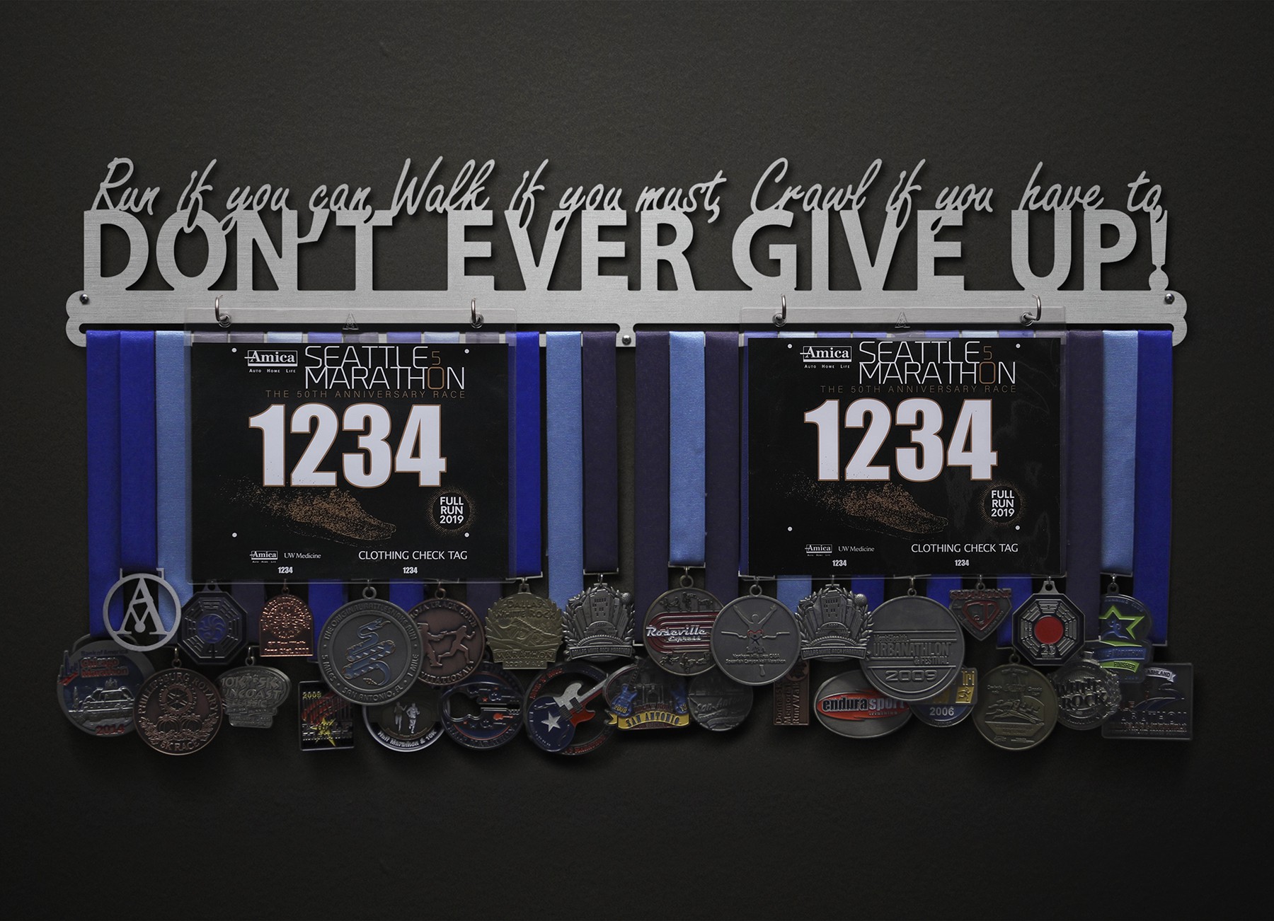 Run, Walk, Crawl - Don't Ever Give Up! Bib and Medal Display