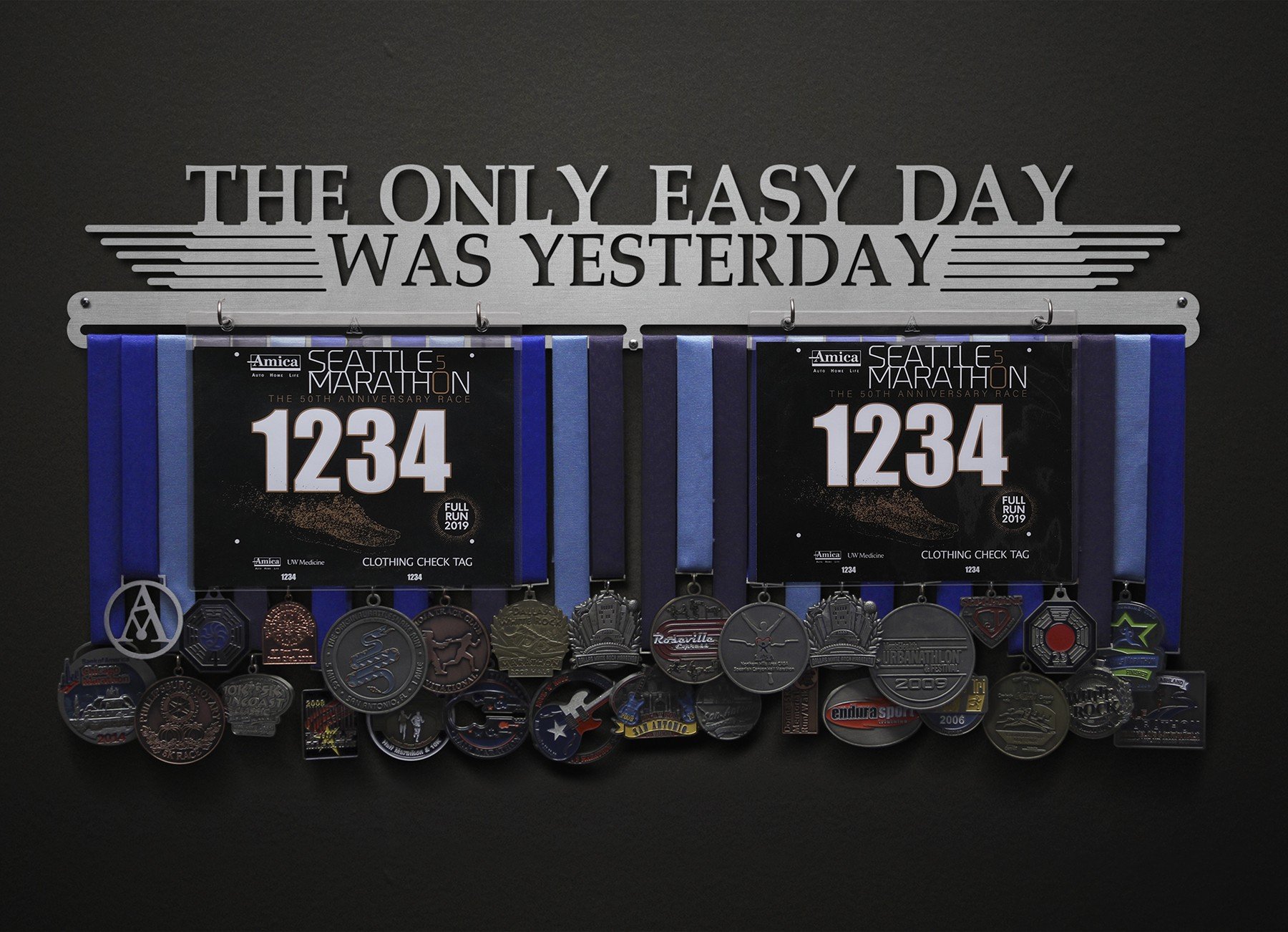 The Only Easy Day Was Yesterday Bib and Medal Display