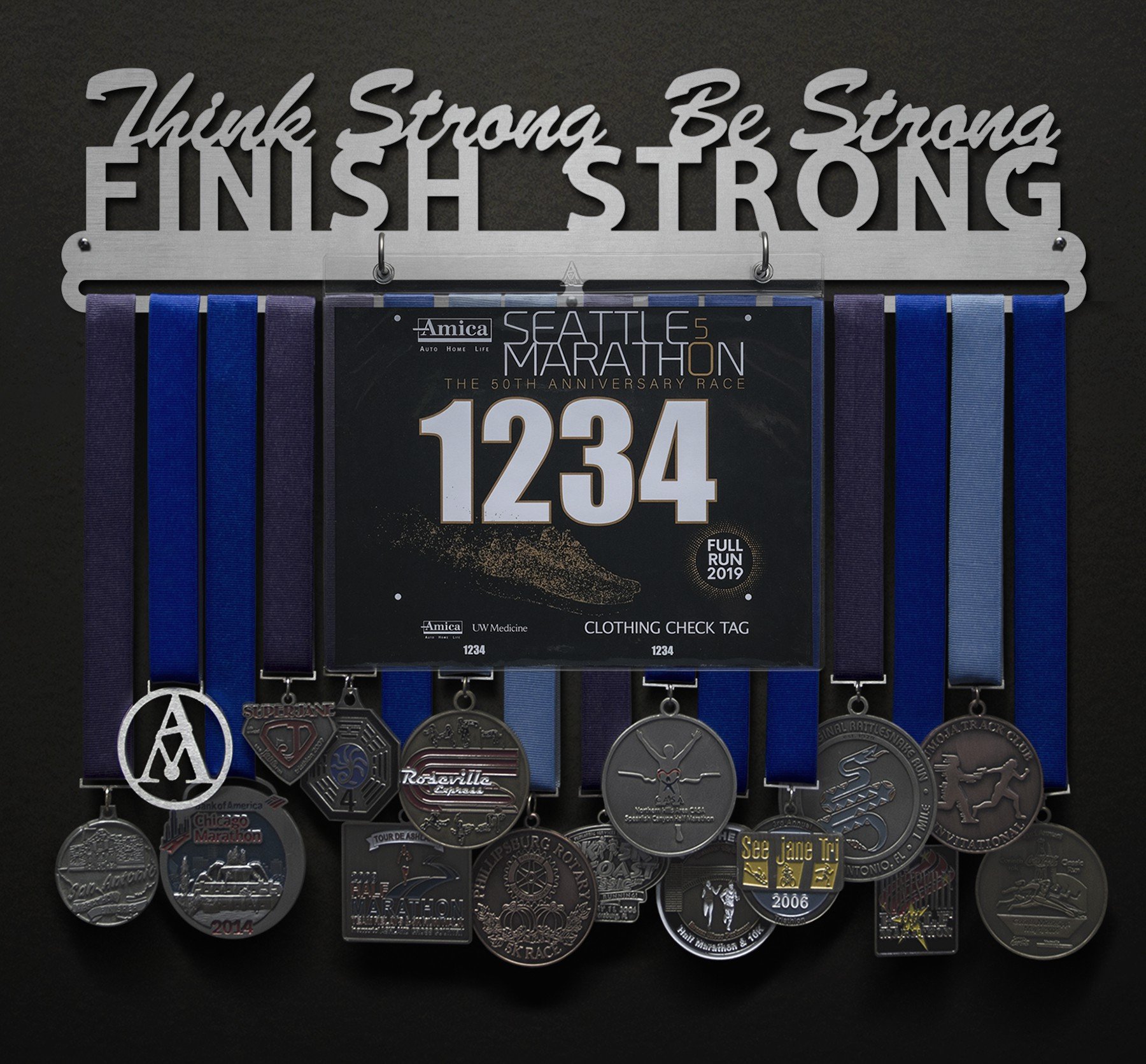 Think Strong, Be Strong, Finish Strong Bib and Medal Display
