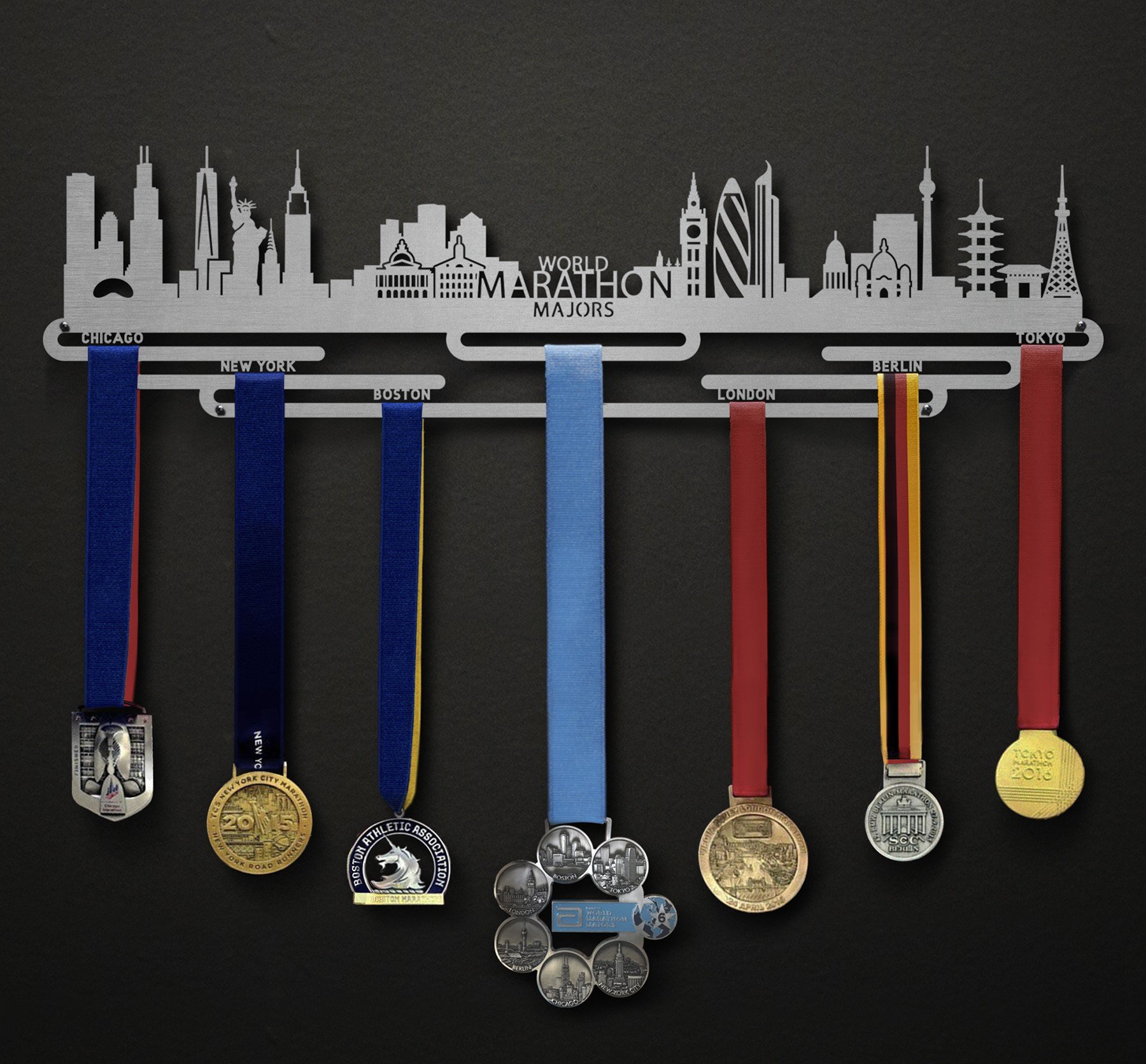 Details about   World Marathon Majors Medal & Ribbon Display Hanger Rack Metal Laser Cut 17"x4" 
