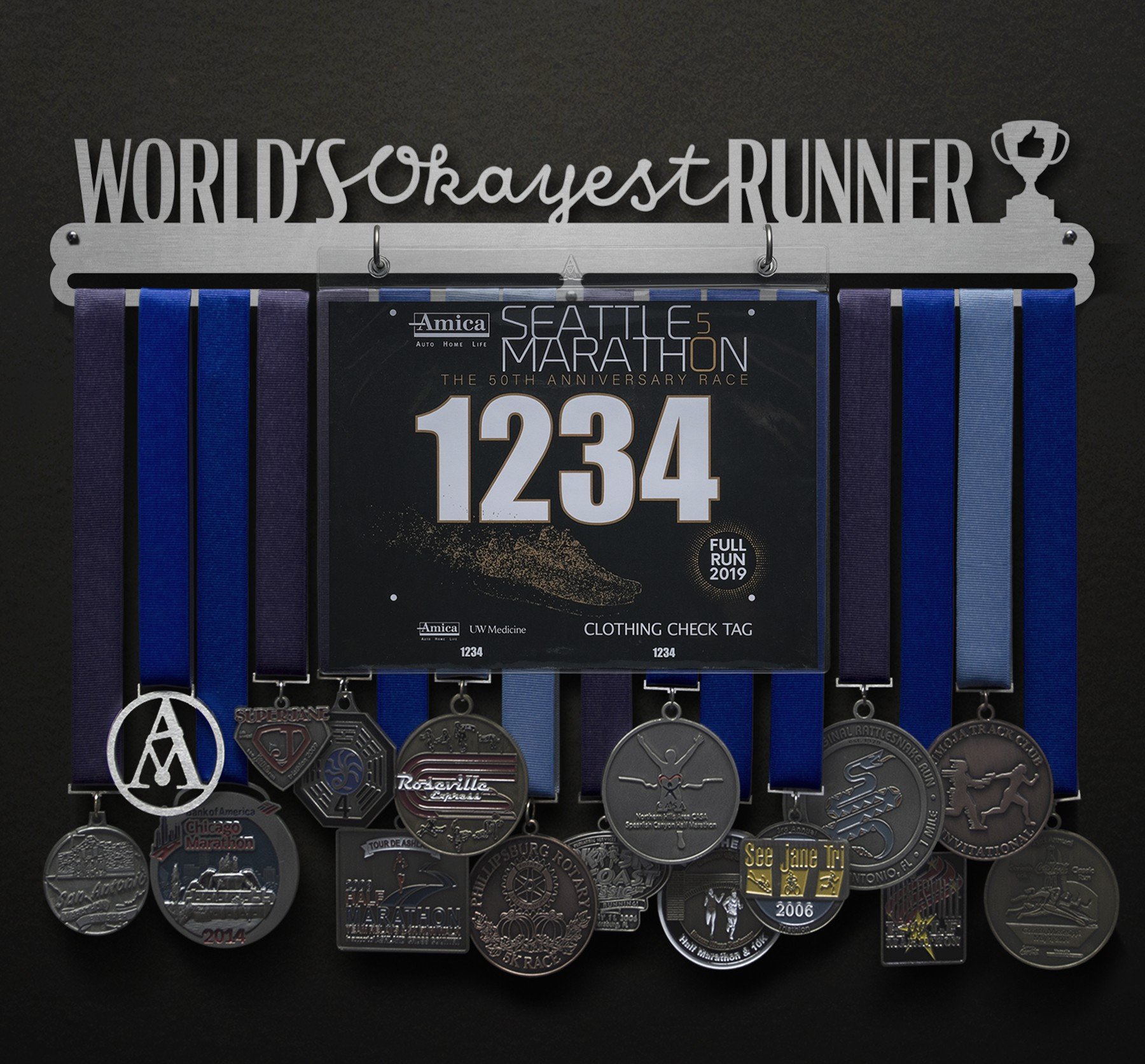 World's Okayest Runner Bib and Medal Display